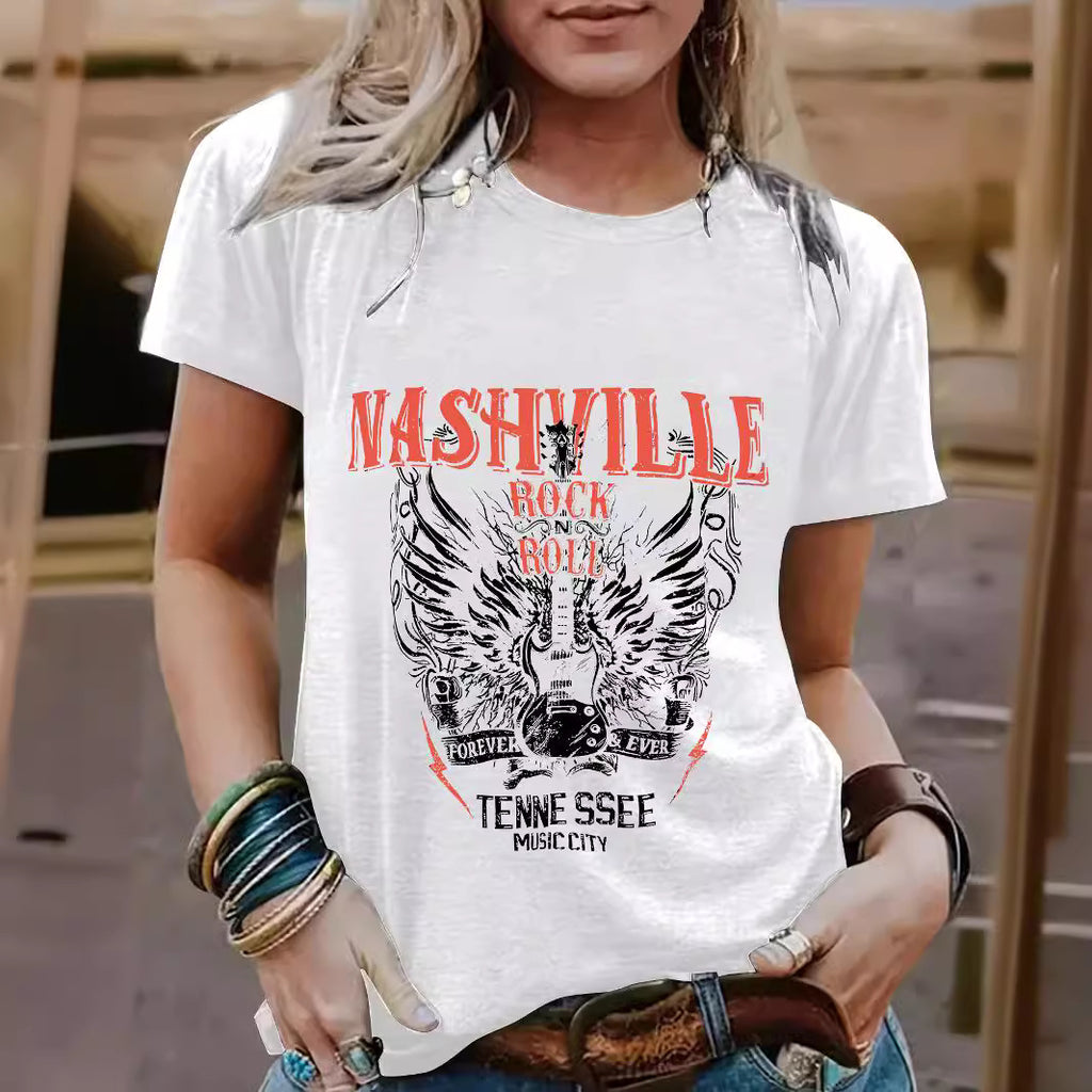 Guitar pattern round neck short sleeved shirt