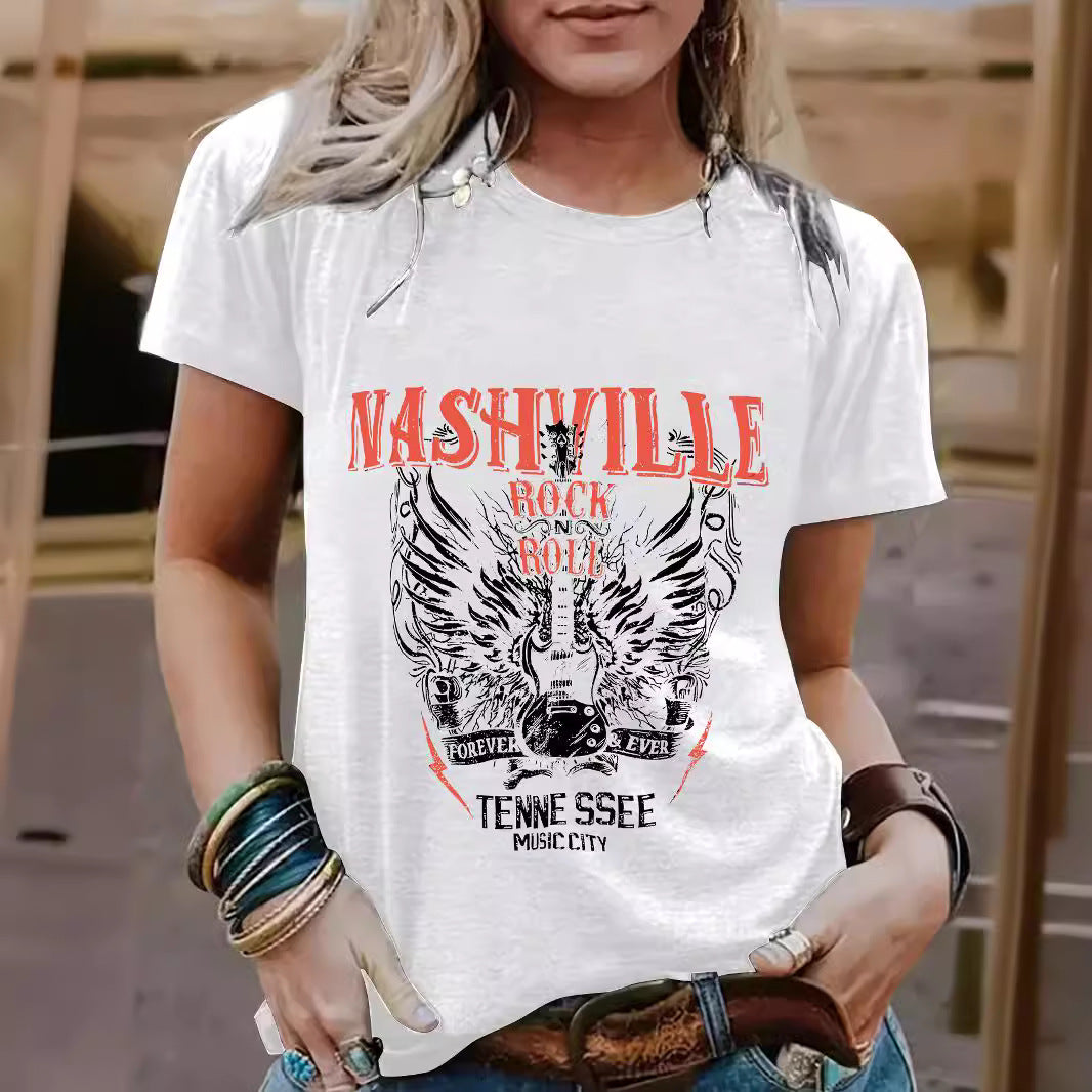 Guitar pattern round neck short sleeved shirt