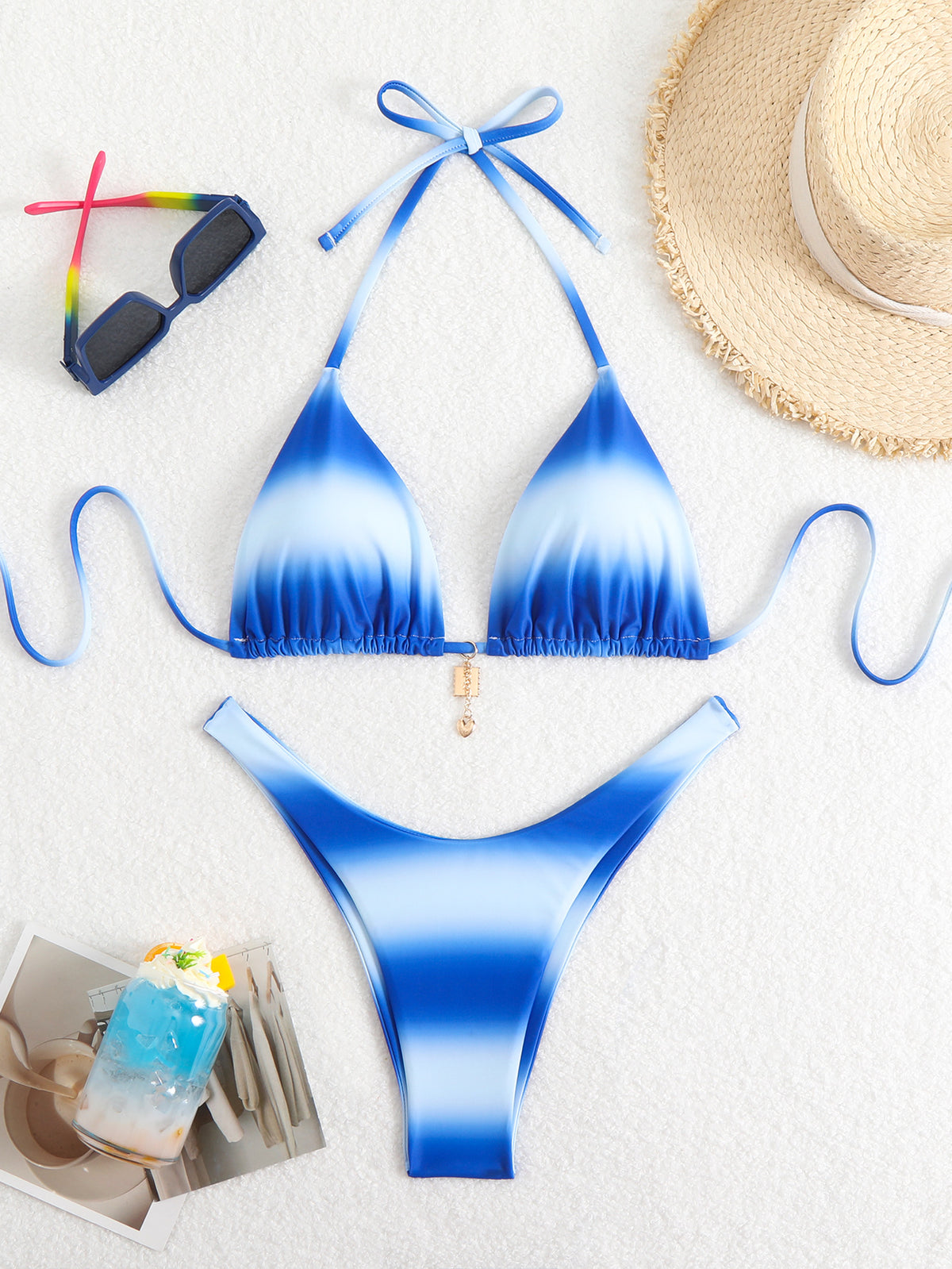Bikini Swimwear for Women with Tie-Strings, Color Gradient, Dual-Fabric,