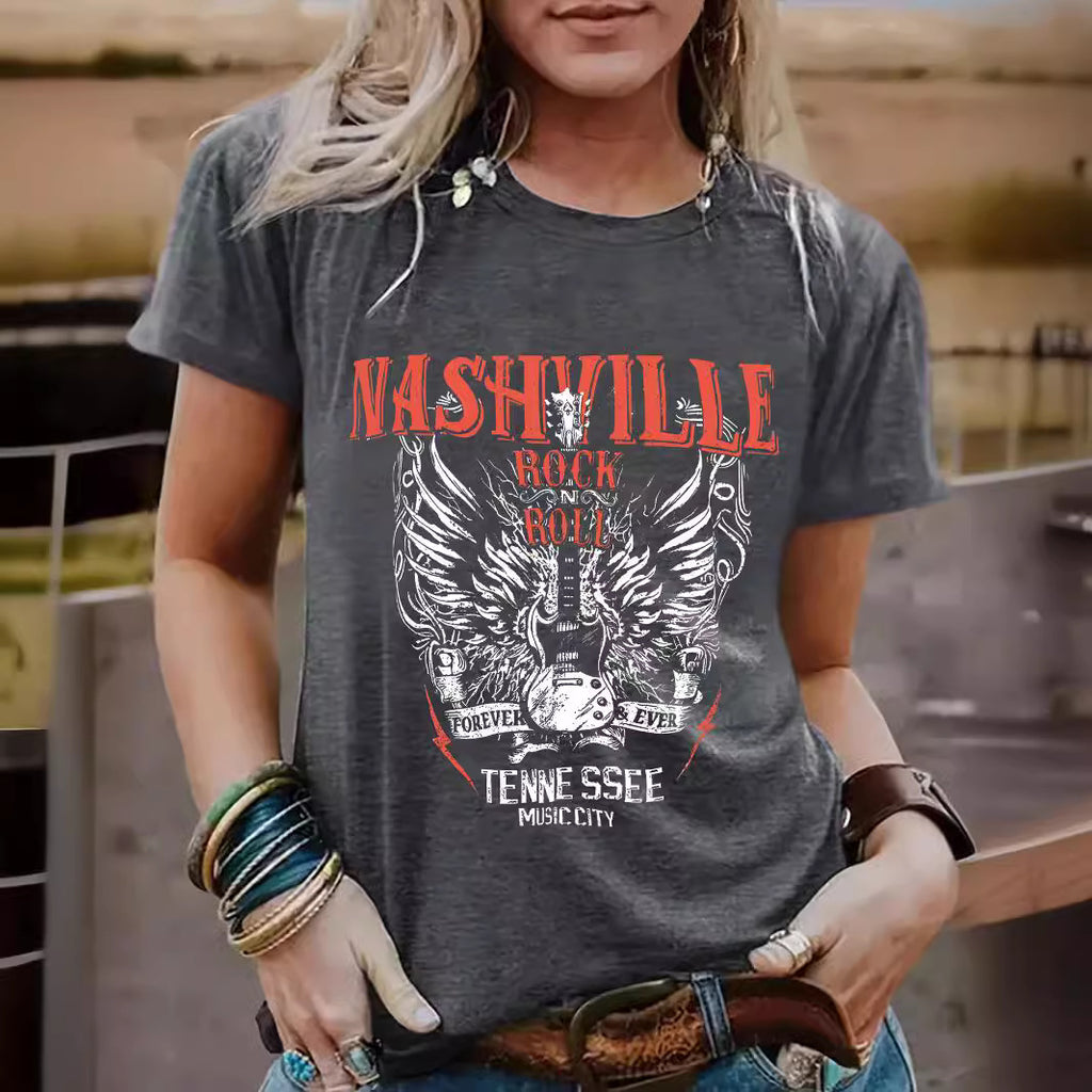 Guitar pattern round neck short sleeved shirt