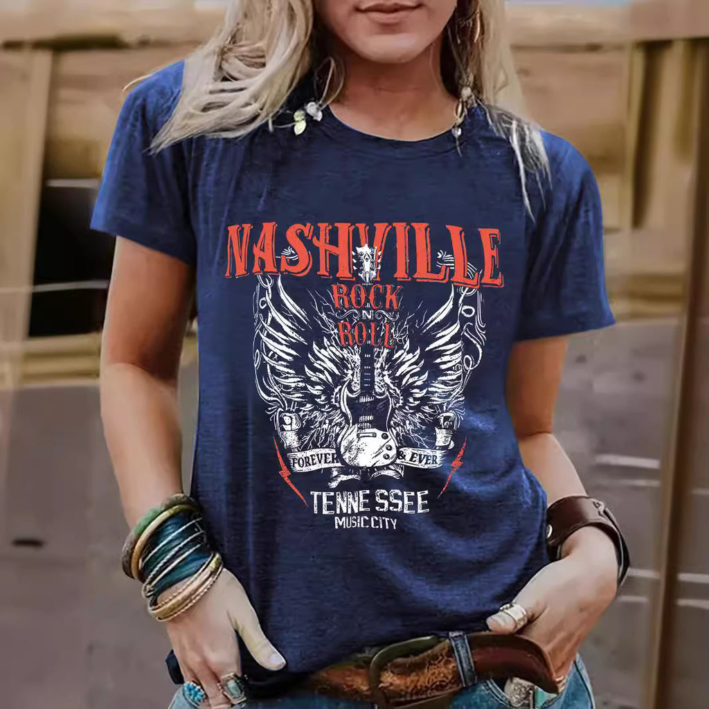 Guitar pattern round neck short sleeved shirt