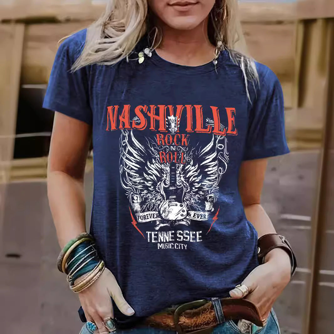 Guitar pattern round neck short sleeved shirt