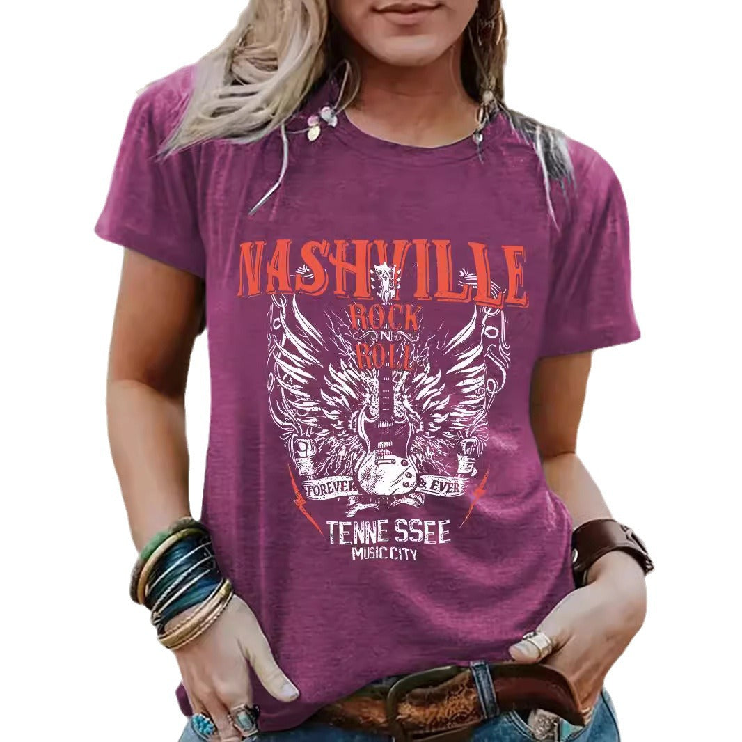 Guitar pattern round neck short sleeved shirt