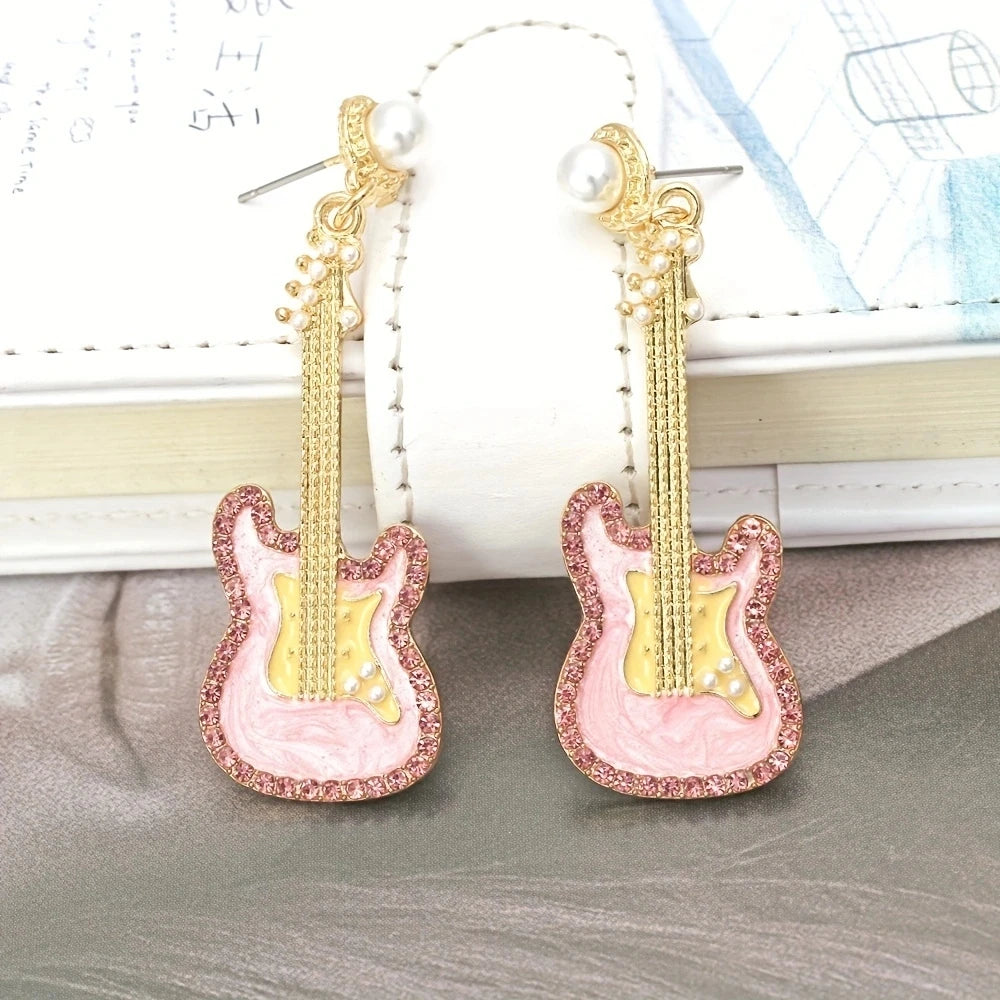 Alloy Drip Oil Set Diamond Guitar Earrings Colored Glazed Pearl Earrings