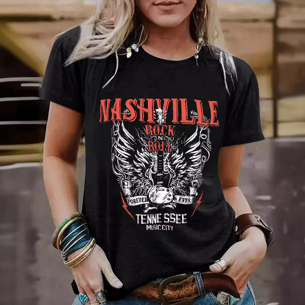 Guitar pattern round neck short sleeved shirt