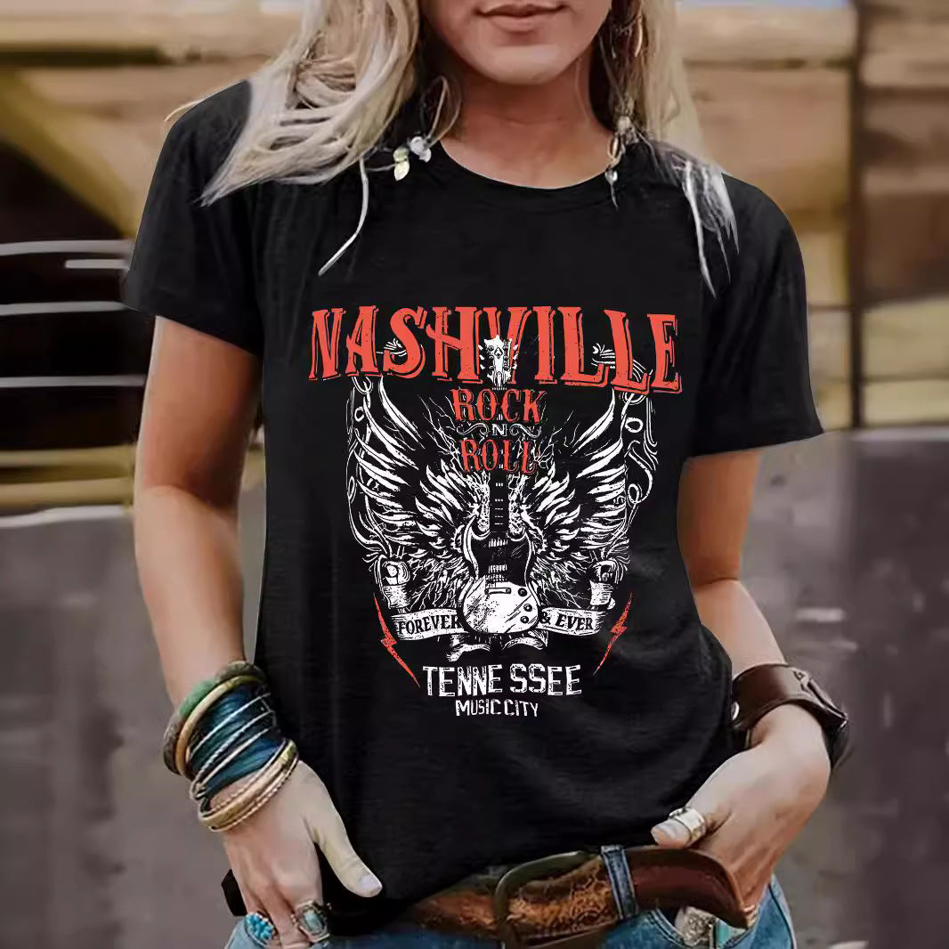 Guitar pattern round neck short sleeved shirt